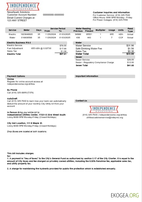 Modèle de facture de services publics des États Unis Missouri Independence Utilities aux formats Word et PDF, version 2